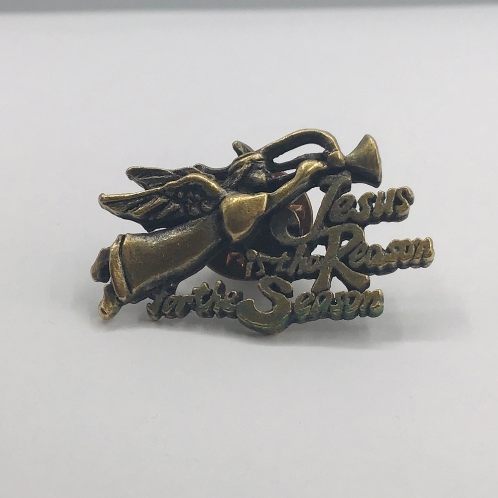 Vtg Brooch Pin Herald Angel Jesus Is The Reason For The Season Antique Gold Tone